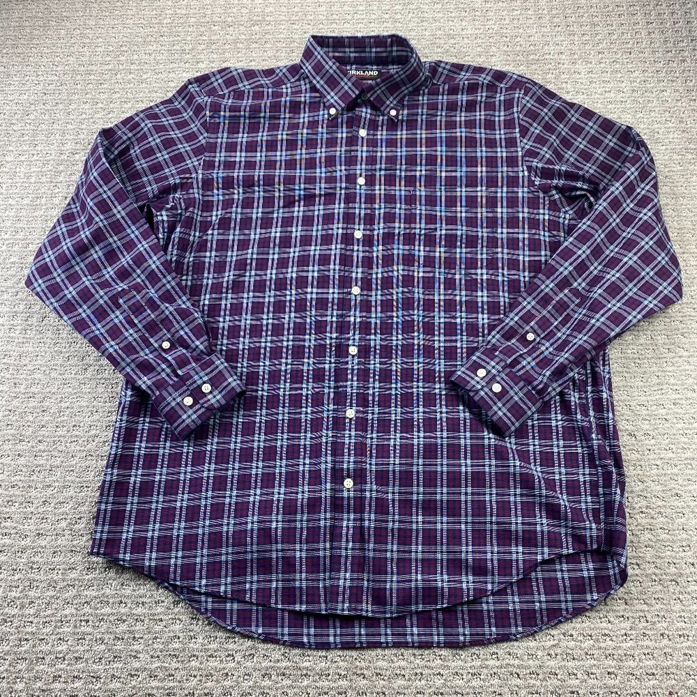 Button Down Shirt Men Extra Extra Large XXL Burgundy Blue White Plaid Kirkland